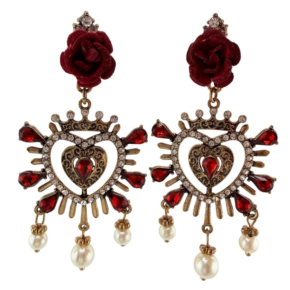Tudor Style Ruby Rhinestone Faux Pearls Rose Gold Tone Statement 3" Earrings